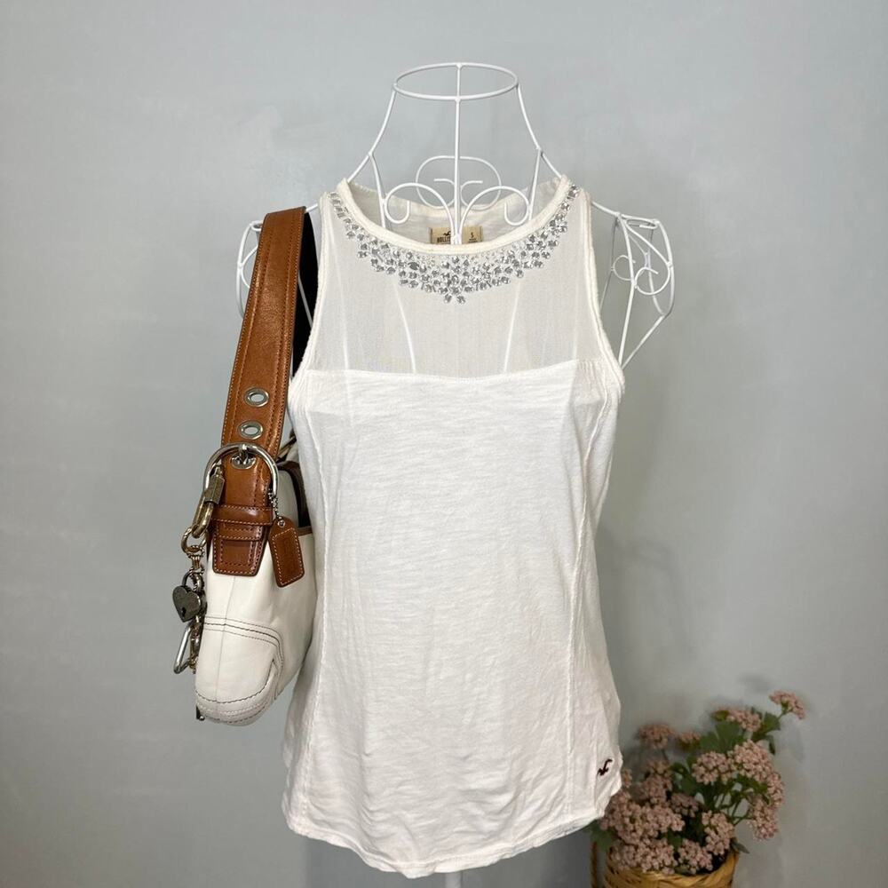 Cute Y2K vintage Hollister white mesh sequin babydoll tank top